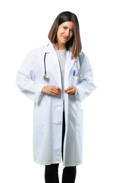 Glada Läkare Kvinna Med Stetoskop Isolerade Vit Bakgrund — Stockfoto