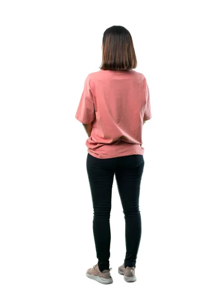 Corpo Inteiro Menina Com Camisa Rosa Olhando Para Trás Ideal — Fotografia de Stock