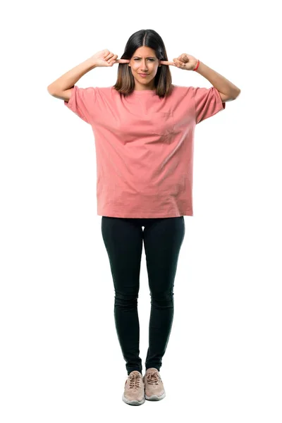 Full Body Young Girl Pink Shirt Covering Both Ears Hands — Stock Photo, Image