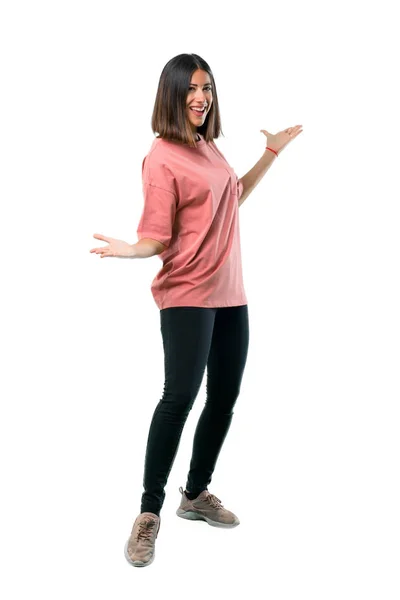Full Body Young Girl Pink Shirt Proud Self Satisfied Love — Stock Photo, Image
