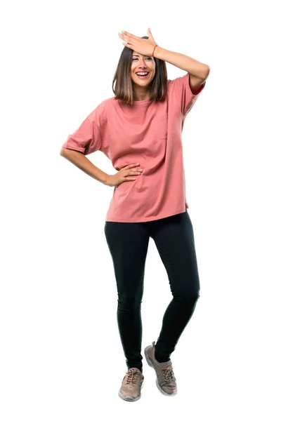 Ganzkörper Des Jungen Mädchens Mit Rosa Hemd Hat Gerade Etwas — Stockfoto