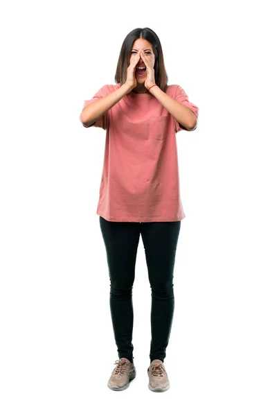 Ganzkörper Junges Mädchen Mit Rosa Hemd Das Mit Weit Geöffnetem — Stockfoto