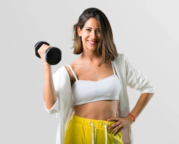 Deporte Mujer Haciendo Levantamiento Pesas Sobre Fondo Gris —  Fotos de Stock