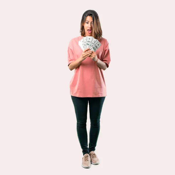 Celotělový Překvapen Mladé Dívky Růžové Tričko Hodně Peněz — Stock fotografie