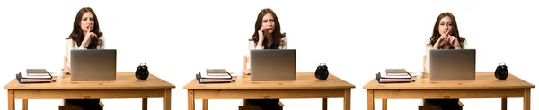 Conjunto Mulher Negócios Trabalhando Com Seu Laptop Fazendo Gesto Silêncio — Fotografia de Stock
