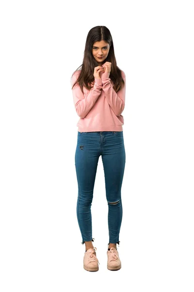 Eine Ganzkörperaufnahme Eines Teenagermädchens Mit Rosa Hemd Das Irgendetwas Intrigiert — Stockfoto