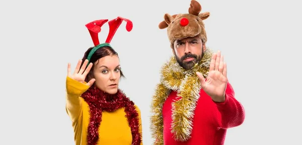 Couple Dressed Christmas Holidays Making Stop Gesture Her Hand Denying — Stock Photo, Image
