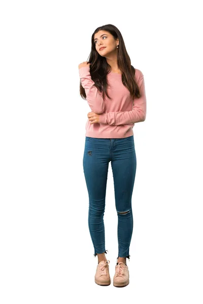 Full Length Shot Teenager Girl Pink Shirt Thinking Idea While — Stock Photo, Image