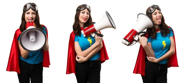 Девчонка Супергерой Кричащая Мегафон — стоковое фото
