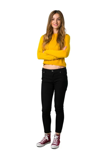 Full Length Shot Young Girl Yellow Sweater Keeping Arms Crossed — Stock Photo, Image