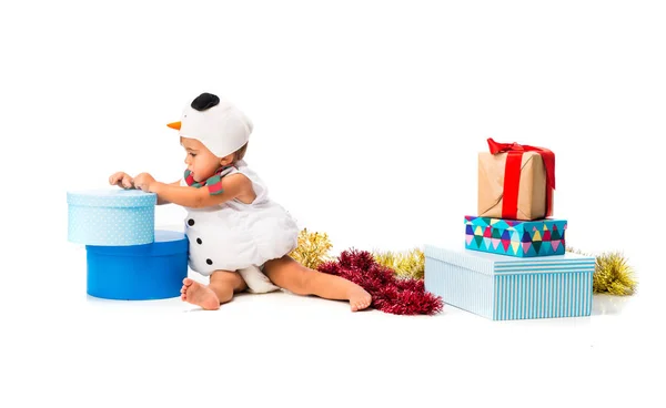 Entzückendes Kleines Baby Gekleidet Wie Ein Schneemann Auf Weihnachtsfeiern Auf — Stockfoto