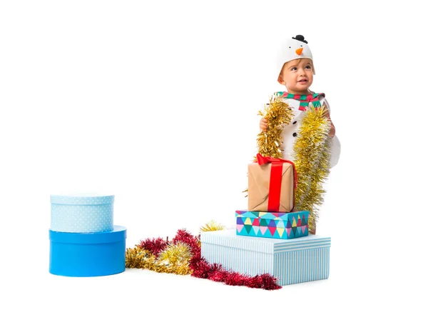 Entzückendes Kleines Baby Gekleidet Wie Ein Schneemann Auf Weihnachtsfeiern Auf — Stockfoto