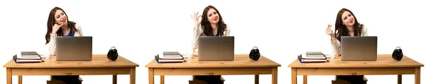 Zestaw Kobieta Biznesu Pracy Jej Laptop Dokonywanie Znak Telefon Gest — Zdjęcie stockowe