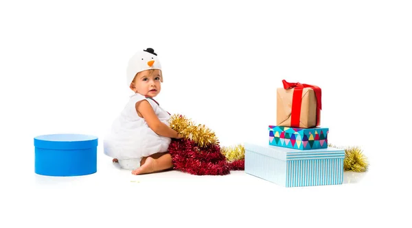 Adorable Bebé Vestido Como Muñeco Nieve Fiestas Navidad Sobre Fondo —  Fotos de Stock