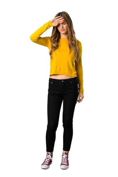 Full Length Shot Young Girl Yellow Sweater Tired Sick Expression — Stock Photo, Image