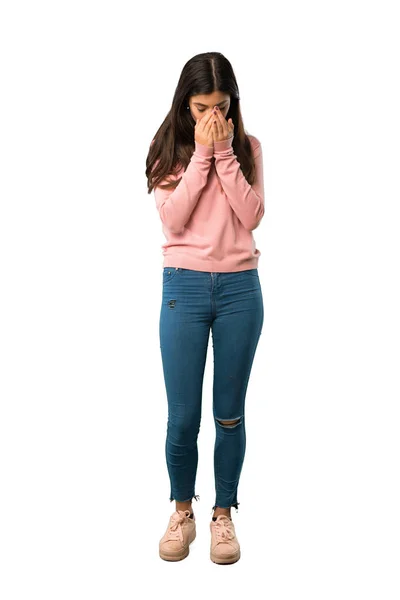 Celovečerní Snímek Dospívající Dívka Růžové Tričko Výrazem Unavení Nemocní — Stock fotografie