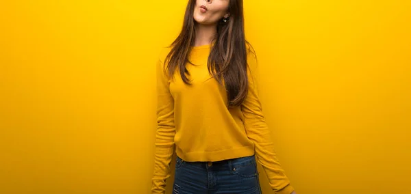 Teenager Girl Vibrant Yellow Background Makes Funny Crazy Face Emotion — Stock Photo, Image