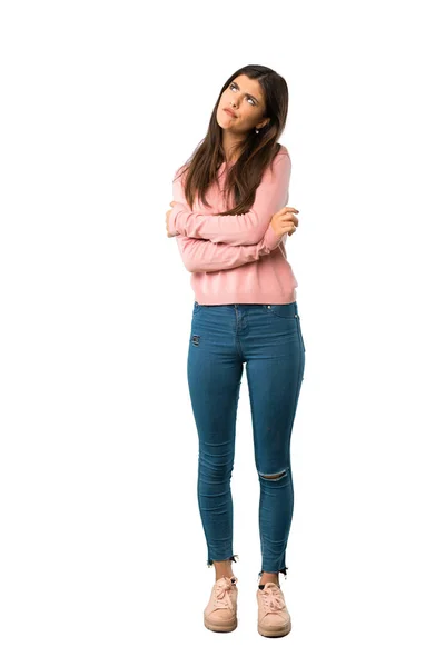 Plan Complet Une Adolescente Avec Chemise Rose Rend Drôle Fou — Photo