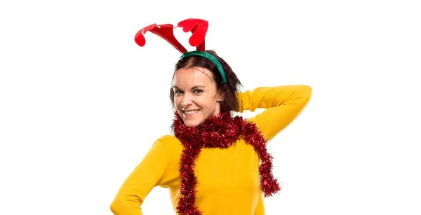 Menina Feliz Vestida Para Férias Natal Fundo Isolado — Fotografia de Stock