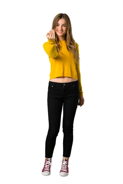 Uma Foto Completa Uma Jovem Com Camisola Amarela Convidando Para — Fotografia de Stock