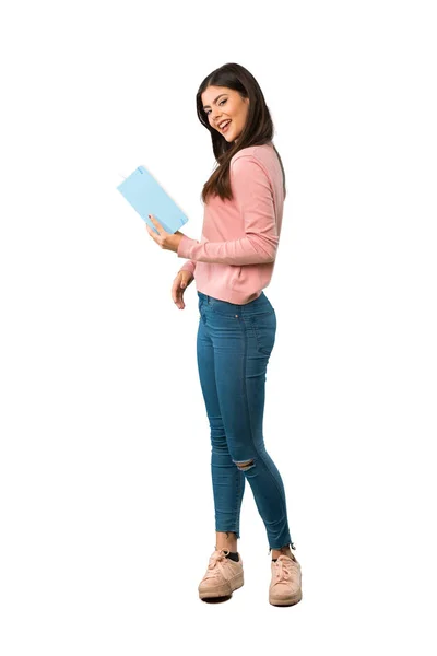 Uma Foto Completa Uma Adolescente Com Camisa Rosa Segurando Livro — Fotografia de Stock