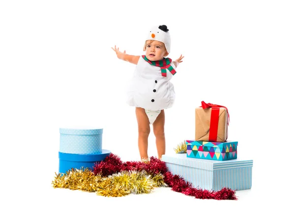 Adorável Bebê Vestido Como Boneco Neve Festas Natal Fundo Branco — Fotografia de Stock