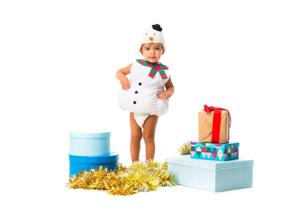 Adorable Petit Bébé Habillé Comme Bonhomme Neige Aux Fêtes Noël — Photo