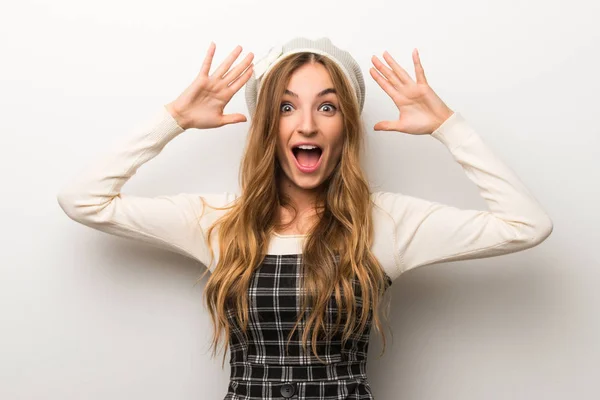 Fashionably Woman Wearing Hat Surprise Shocked Facial Expression — Stock Photo, Image