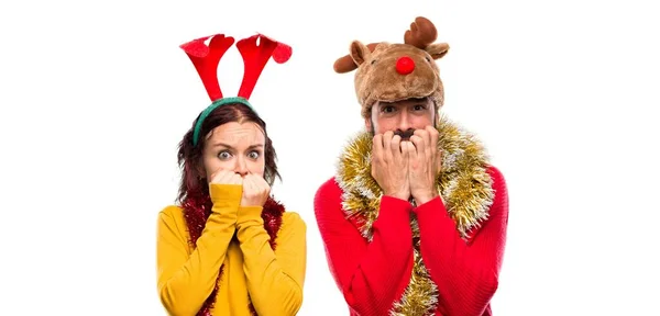 Couple Dressed Christmas Holidays Little Bit Nervous Scared Putting Hands — Stock Photo, Image