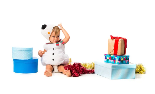 Adorable Petit Bébé Habillé Comme Bonhomme Neige Aux Fêtes Noël — Photo