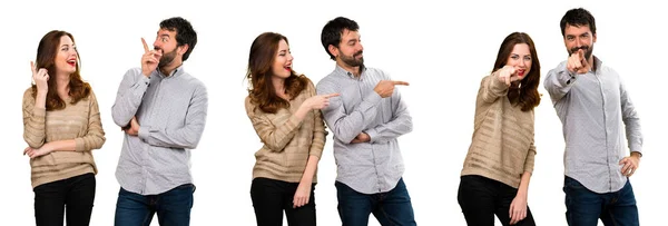 Set Young Couple Pointing Lateral Front — Stock Photo, Image