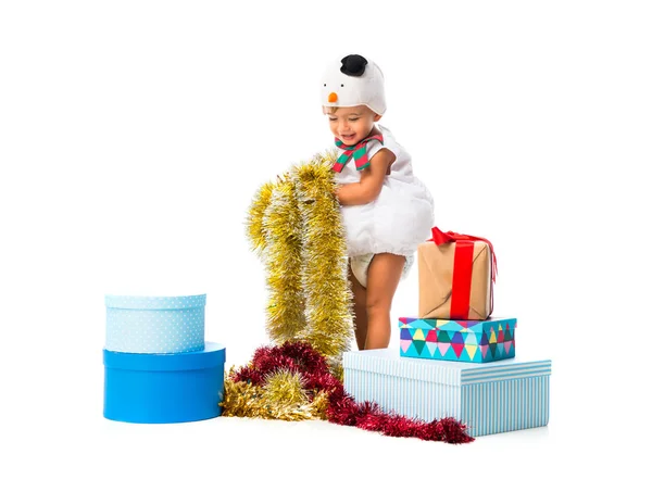 Entzückendes Kleines Baby Gekleidet Wie Ein Schneemann Auf Weihnachtsfeiern Auf — Stockfoto
