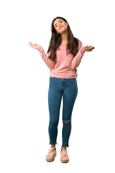 Eine Ganzkörperaufnahme Eines Teenagermädchens Mit Rosa Hemd Das Unwichtige Gesten — Stockfoto