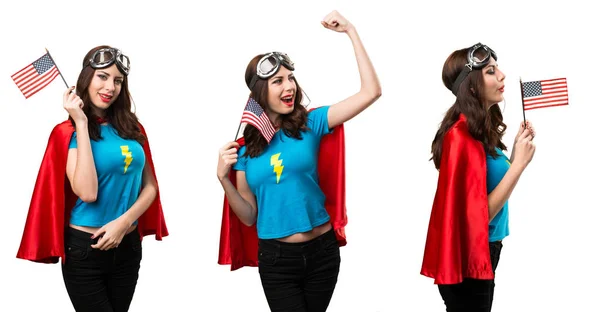 Sada Hezká Superhrdina Dívka Drží Americká Vlajka — Stock fotografie