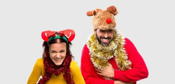 Couple Dressed Christmas Holidays Smiling Lot While Putting Hands Chest — Stock Photo, Image