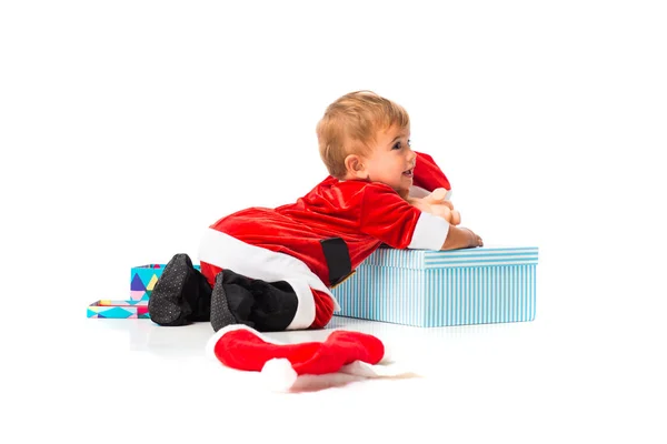 Αξιολάτρευτο Μικρό Μωρό Ντυμένος Σαν Τον Άγιο Βασίλη Στο Χριστουγεννιάτικο — Φωτογραφία Αρχείου