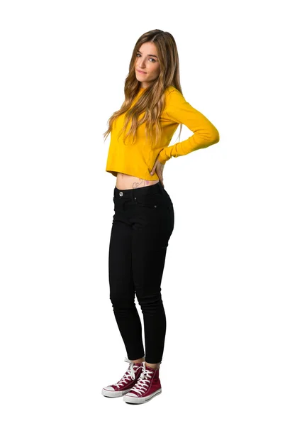 Full Length Shot Young Girl Yellow Sweater Suffering Backache Having — Stock Photo, Image