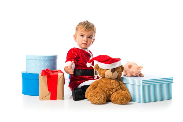 Bedårande Liten Baby Klädd Som Jultomte Julfester — Stockfoto