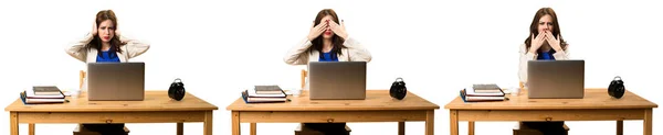 Set Business Woman Working Her Laptop Covering Her Eyes Ears — Stock Photo, Image