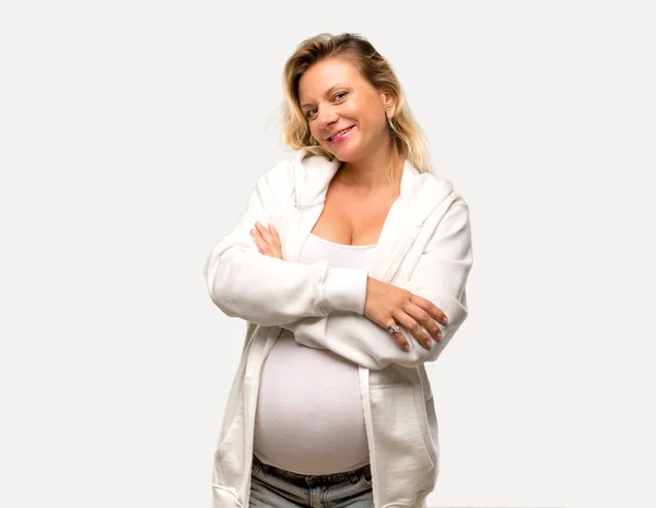 Femme Blonde Enceinte Avec Sweat Shirt Blanc Gardant Les Bras — Photo