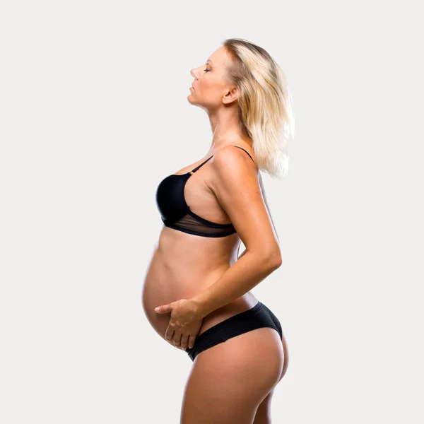 Blond Gravid Kvinna Underkläder Isolerade Grå Bakgrund — Stockfoto