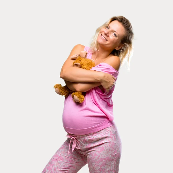 Schwangere Schlafanzug Mit Stofftier Auf Isoliertem Grauen Hintergrund — Stockfoto