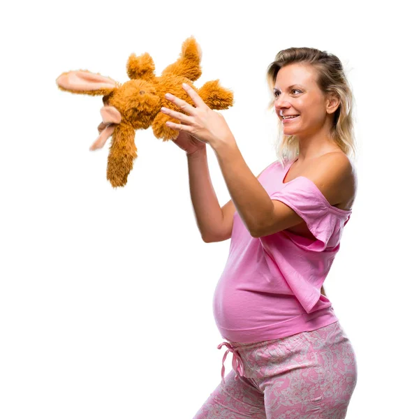 Gravid Kvinna Pyjamas Med Uppstoppade Djur Isolerade Vit Bakgrund — Stockfoto