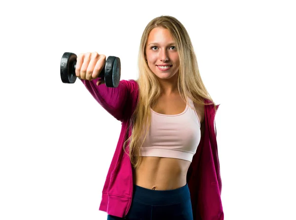 Bella Donna Sportiva Che Sollevamento Pesi Sfondo Bianco Isolato — Foto Stock