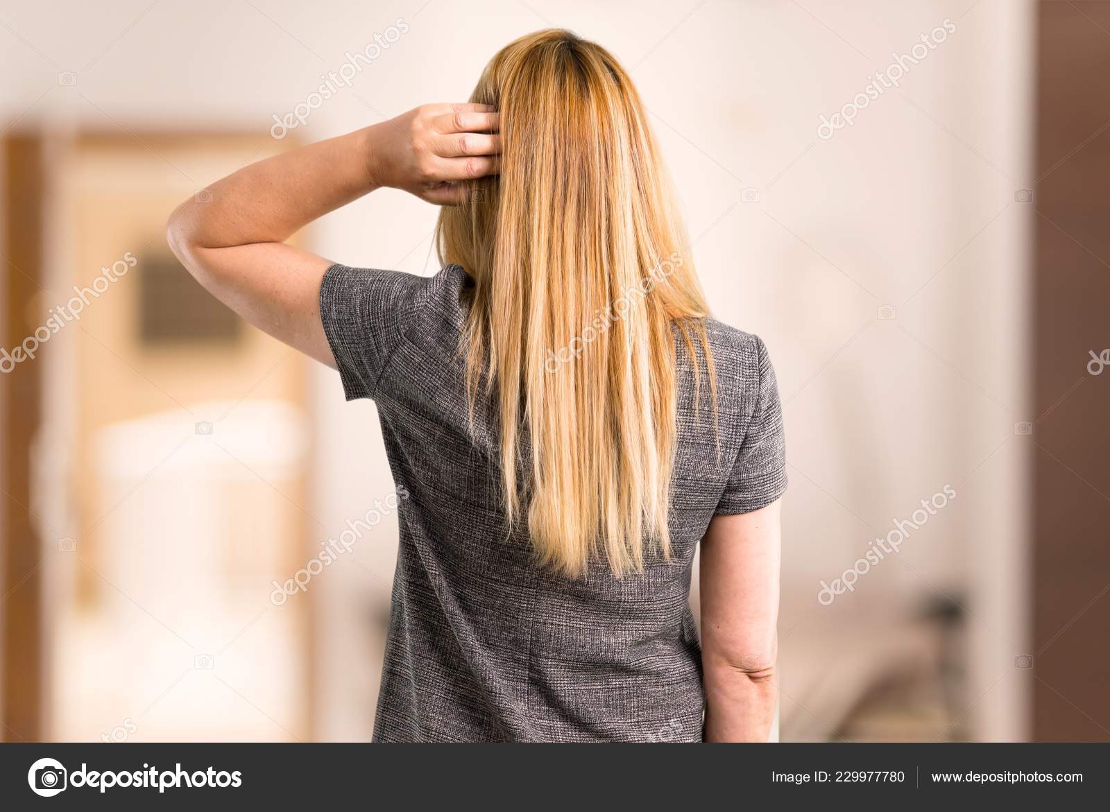 Middle Age Blonde Woman Grey Dress Looking Back House Stock Photo Image By C Luismolinero 229977780