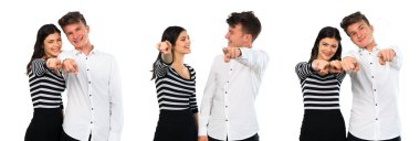 Birisi parmak ile işaret ve çok gülüyor genç çift kolaj