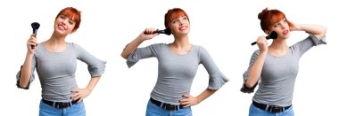 Genç Kızıl saçlı kız makyaj fırça seti