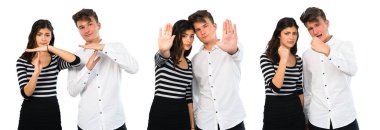 Genç çift yapma dur jest eliyle kolaj