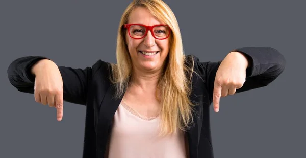 Middle Age Blonde Business Woman Black Jacket Pointing Fingers Isolated — Stock Photo, Image