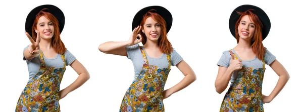 Set Cool Redhead Girl Hat Showing Sign Fingers — Stock Photo, Image
